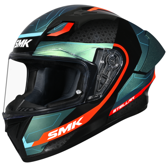 SMK Stellar Sports Flight Gloss Black Blue Orange Chameleon Helmet - GL257C