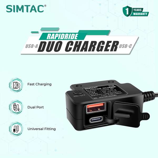 Simtac Rapidride Duo 51W Charger – Dual USB & Type-C Ports with Universal Fitment-UAC51W-DUO