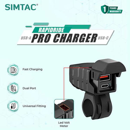 Simtac Rapidride Pro: 51W Dual-Port USB-A & Type-C Charger with VOLT METER for Universal Fitment-UAC51W-PRO