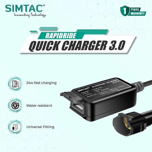 Simtac Rapidride Quick Charger 3.0 With Universal Fitment For Bikes & Scooters - UAC3-SL6
