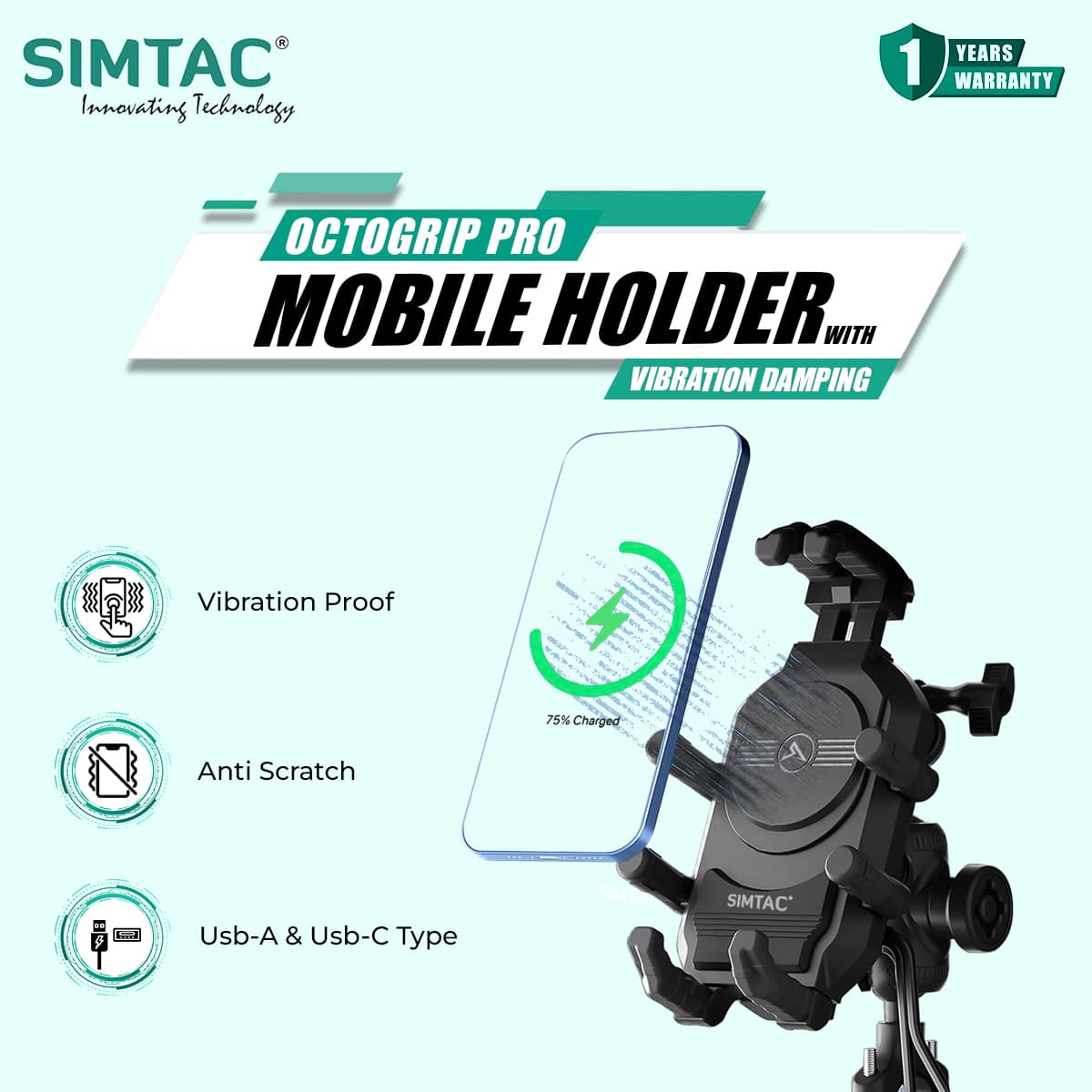 Simtac Octo Grip Pro Mobile Holder with Wireless Charging & Vibration Damper (MH03WC-PRO)