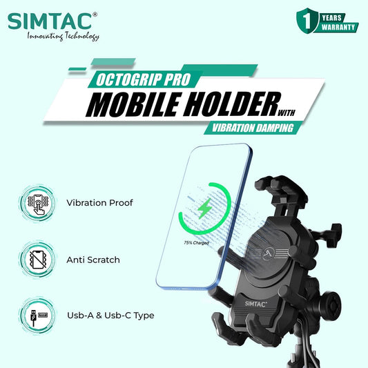Simtac Octo Grip Pro Mobile Holder with Wireless Charging & Vibration Damper (MH03WC-PRO)