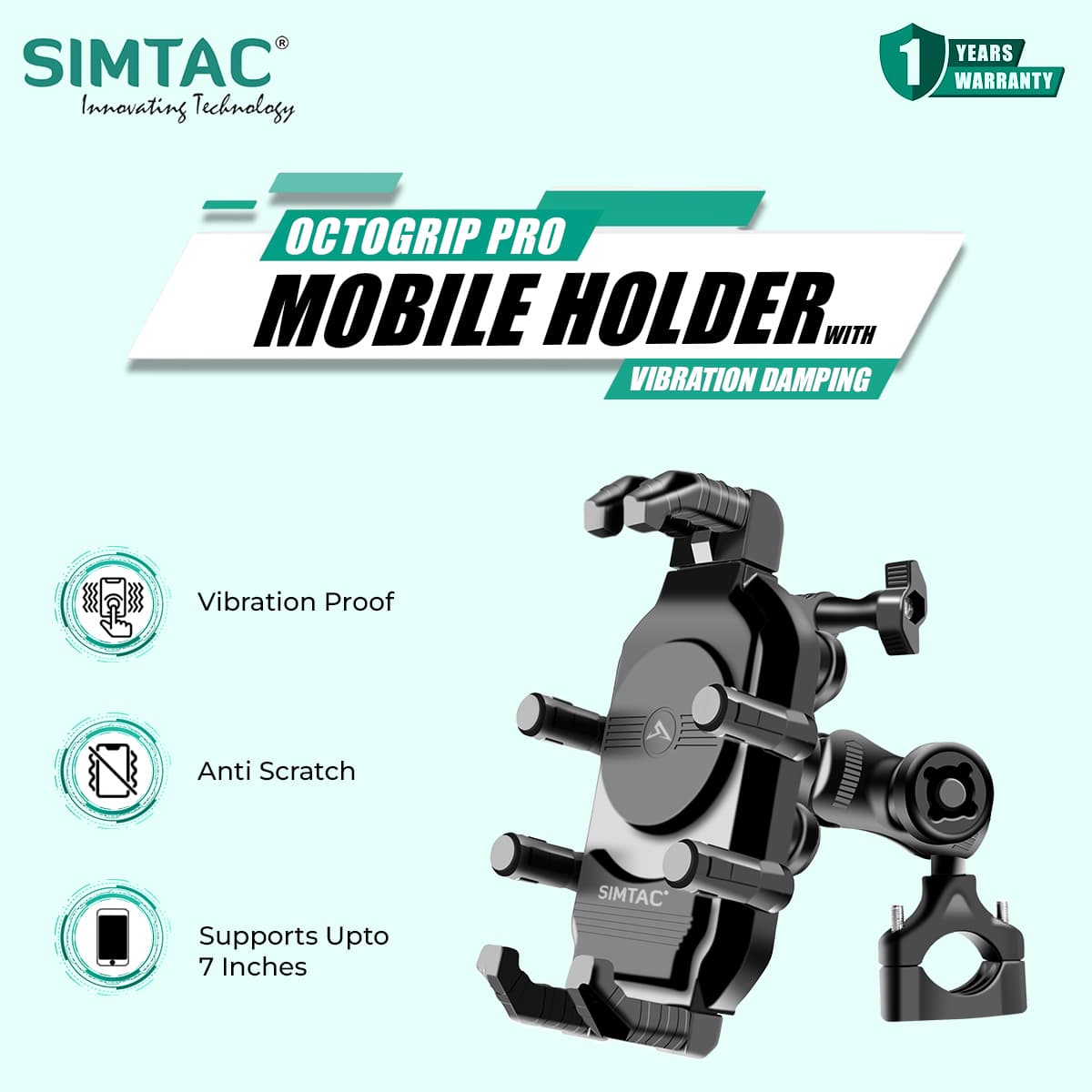 Simtac Octo Grip Pro Mobile Holder with Wireless Charging & Vibration Damper (MH03WC-PRO)