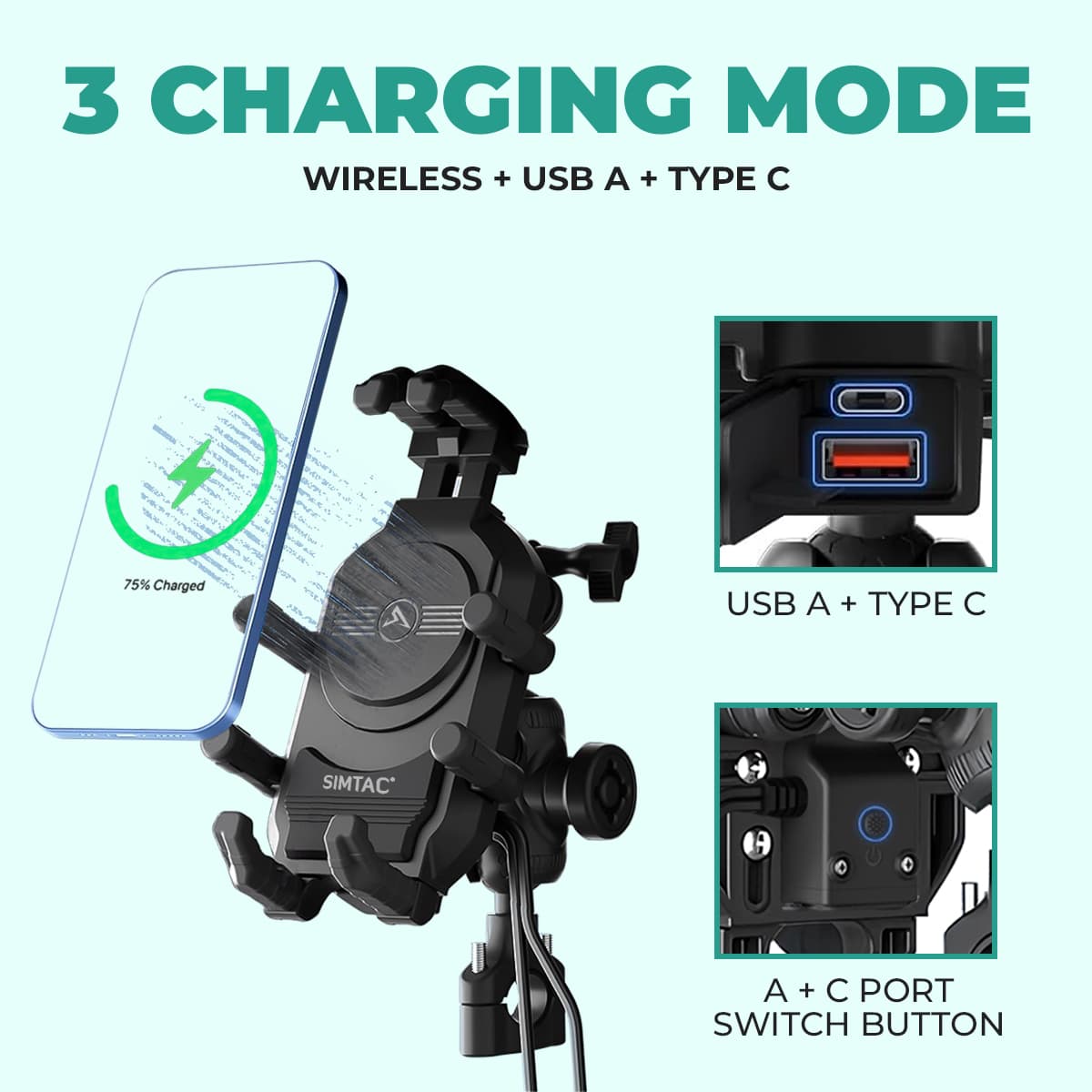 Simtac Octo Grip Pro Mobile Holder with Wireless Charging & Vibration Damper (MH03WC-PRO)