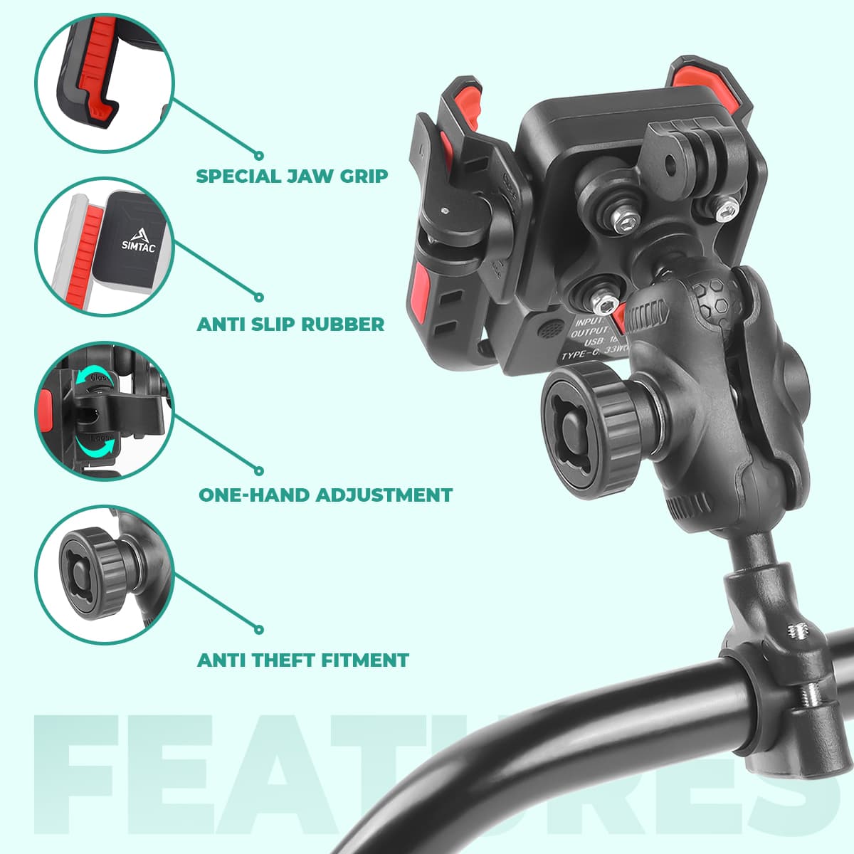 Simtac Quick Lock Jaw Grip Pro+ Mobile Holder with Charger & Vibration Damper (JQLC2-PRO)