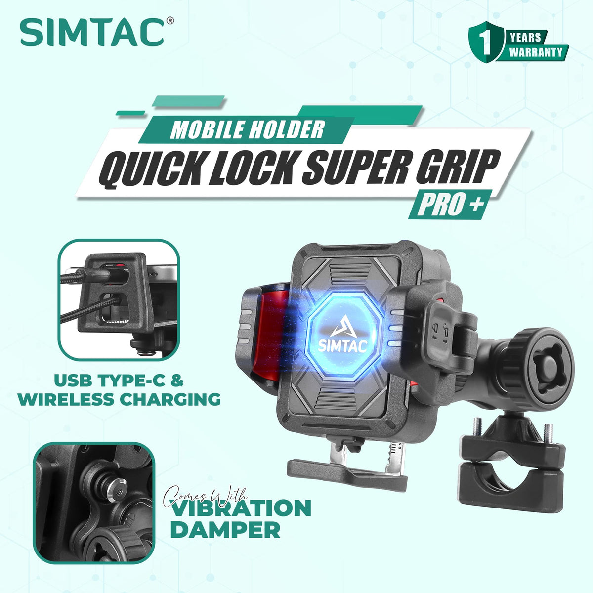 Simtac Quick Lock Super Grip Pro+ Mobile Holder with Charging & Vibration Damper (SQL2-WC-PRO)