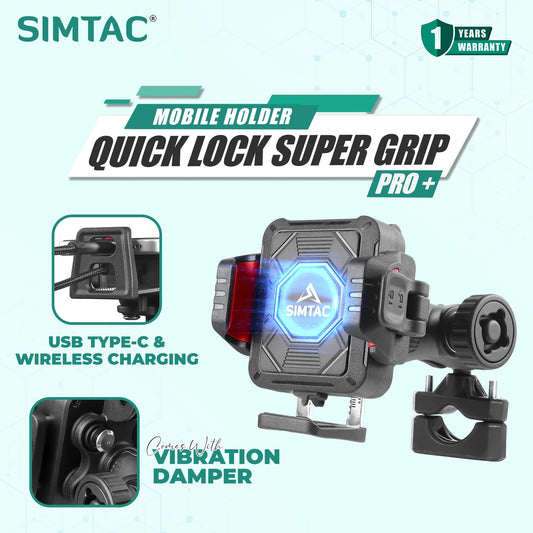 Simtac Quick Lock Super Grip Pro+ Mobile Holder with Charging & Vibration Damper (SQL2-WC-PRO)