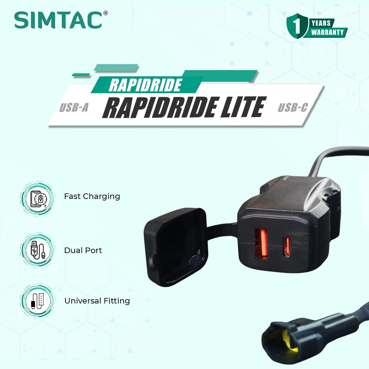 Simtac Rapid Ride Lite Dual Port Bike Charger (USB-A + Type-C) Fast Charging - UAC51W-LITE