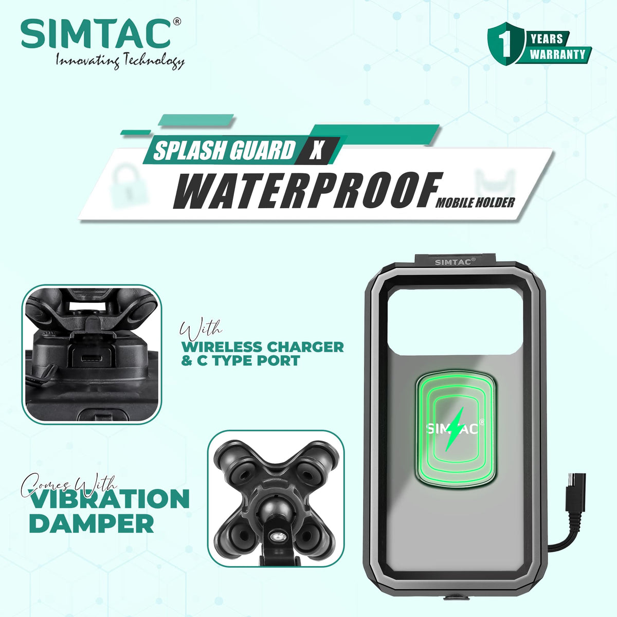 Simtac Splash Guard X Waterproof Mobile Holder with vibration damper and wireless charger (MHWPWC-PRO)