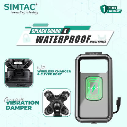 Simtac Splash Guard X Waterproof Mobile Holder with vibration damper and wireless charger (MHWPWC-PRO)