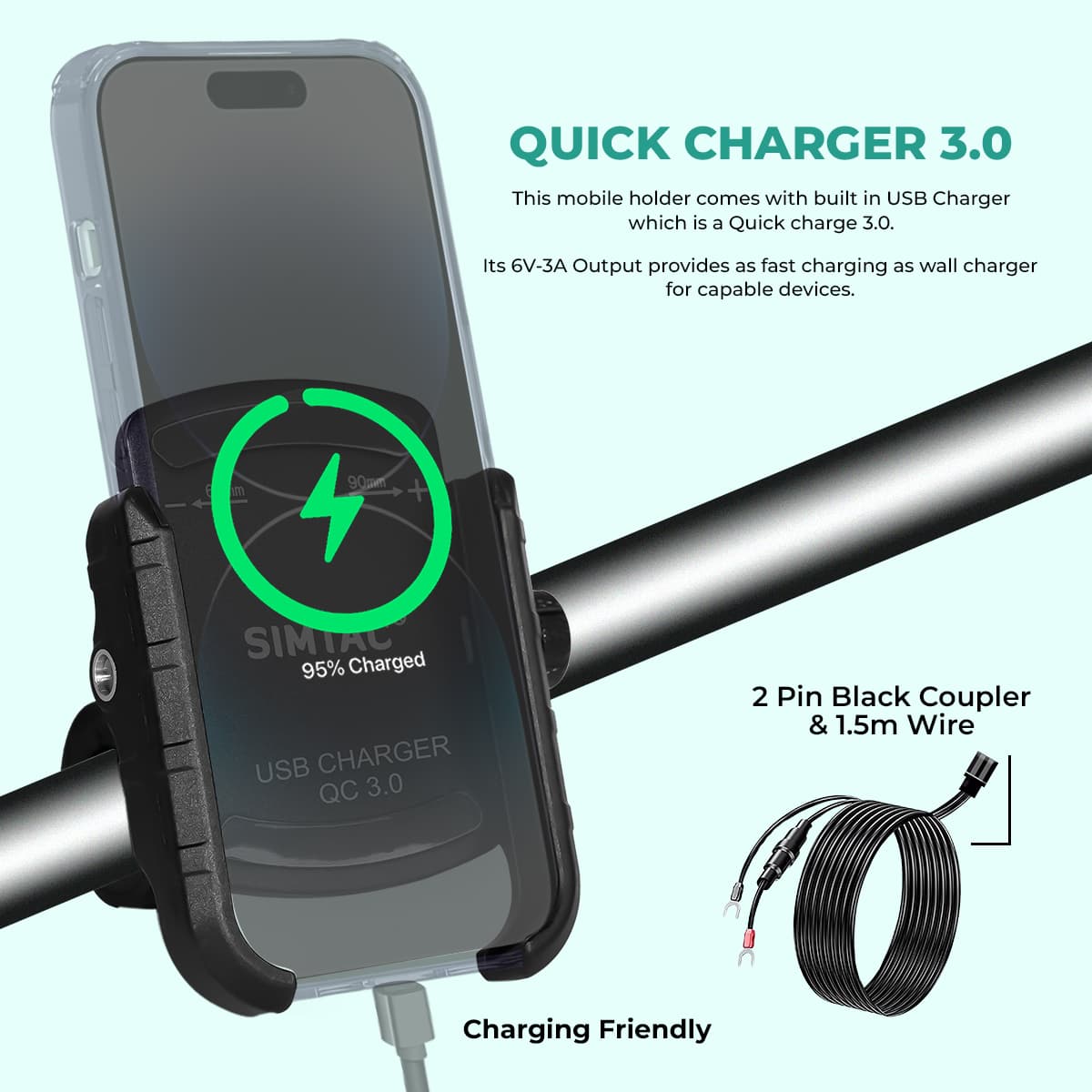 Simtac Super Grip Pro Mobile Holder with USB-A charger & Vibration Damper (MHC3-PRO)