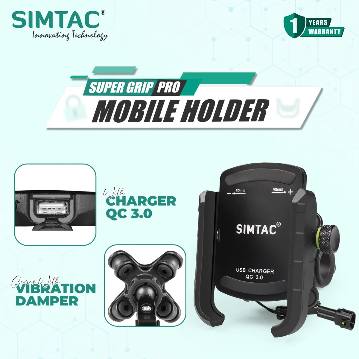 Simtac Super Grip Pro Mobile Holder with USB-A charger & Vibration Damper (MHC3-PRO)