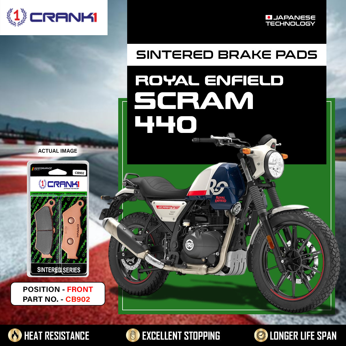 Sintered Brake Pads For Royal Enfield Scram 440 - Front - CB902 - 1 Set - CRANK1