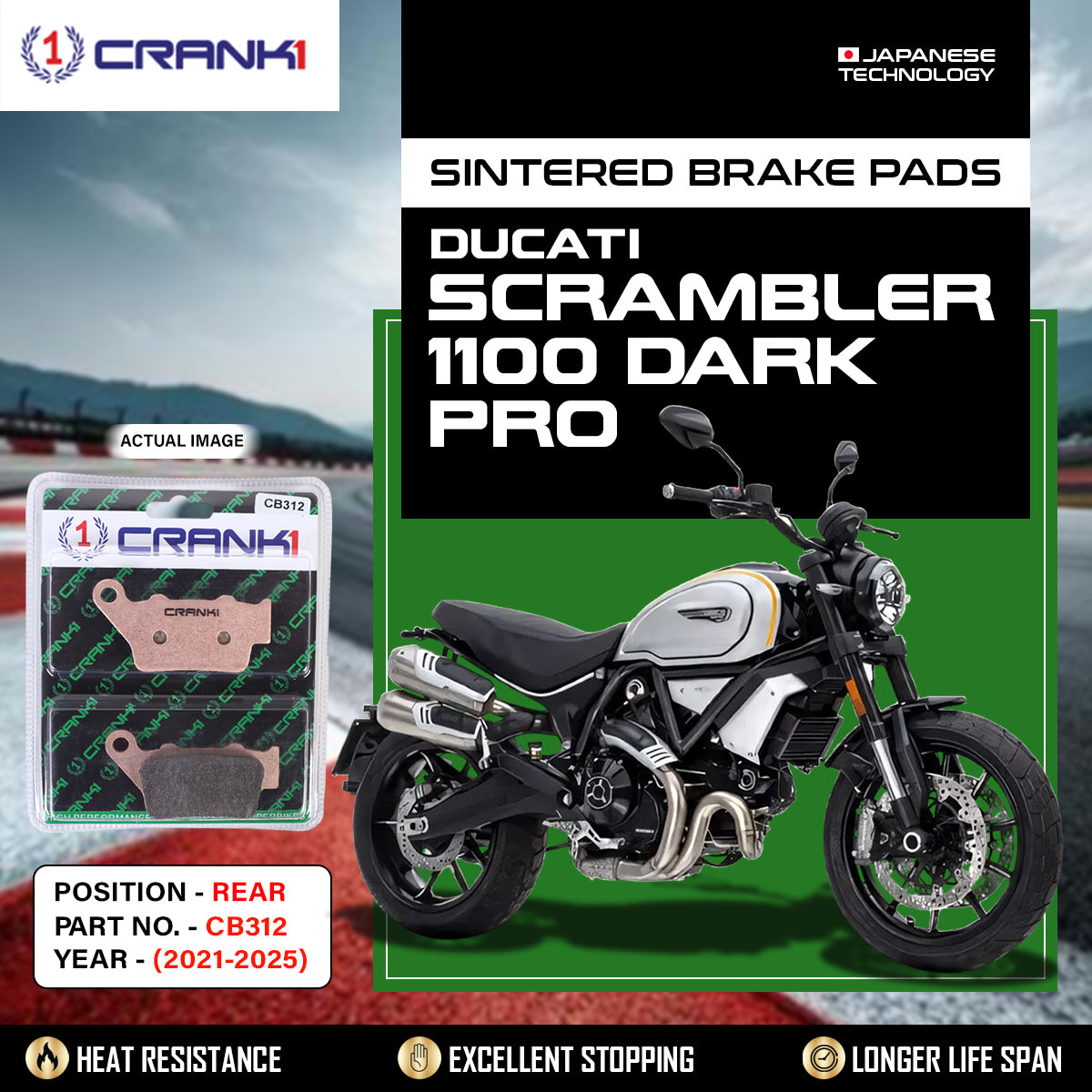 Sintered Brake Pads For Ducati Scrambler 1100 Dark Pro (2021-2025) - Rear - CB312 - 1 Set CRANK1