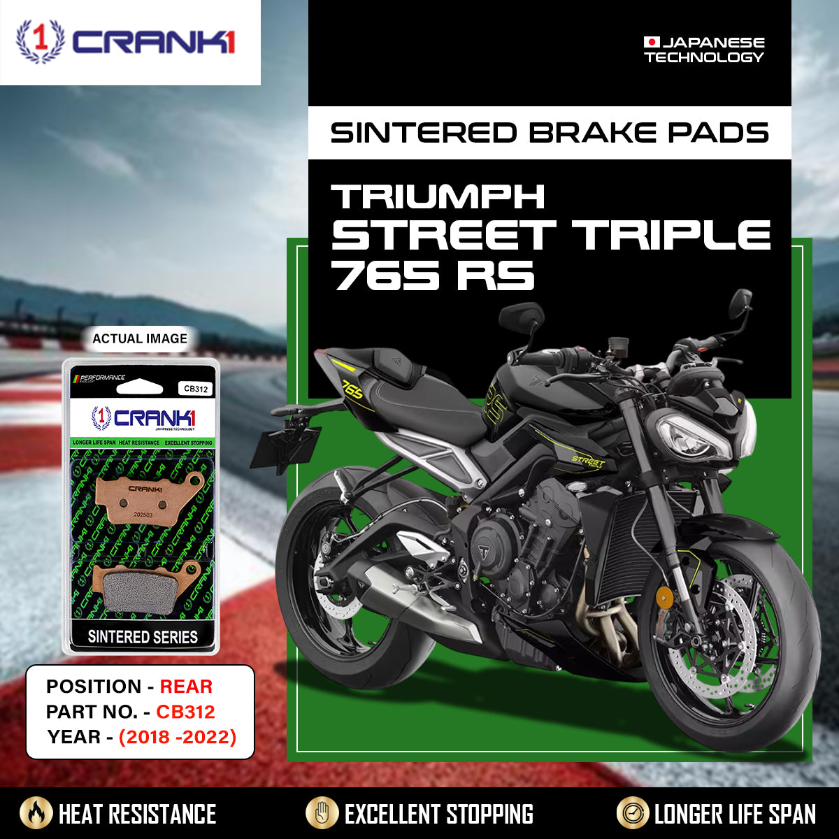 Sintered Brake Pads For Triumph Street Triple 765 RS (2018-2022) - Rear - CB312 - 1 Set - CRANK1