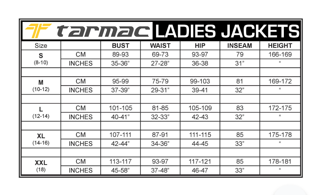 Size Chart for Ladies Jacket