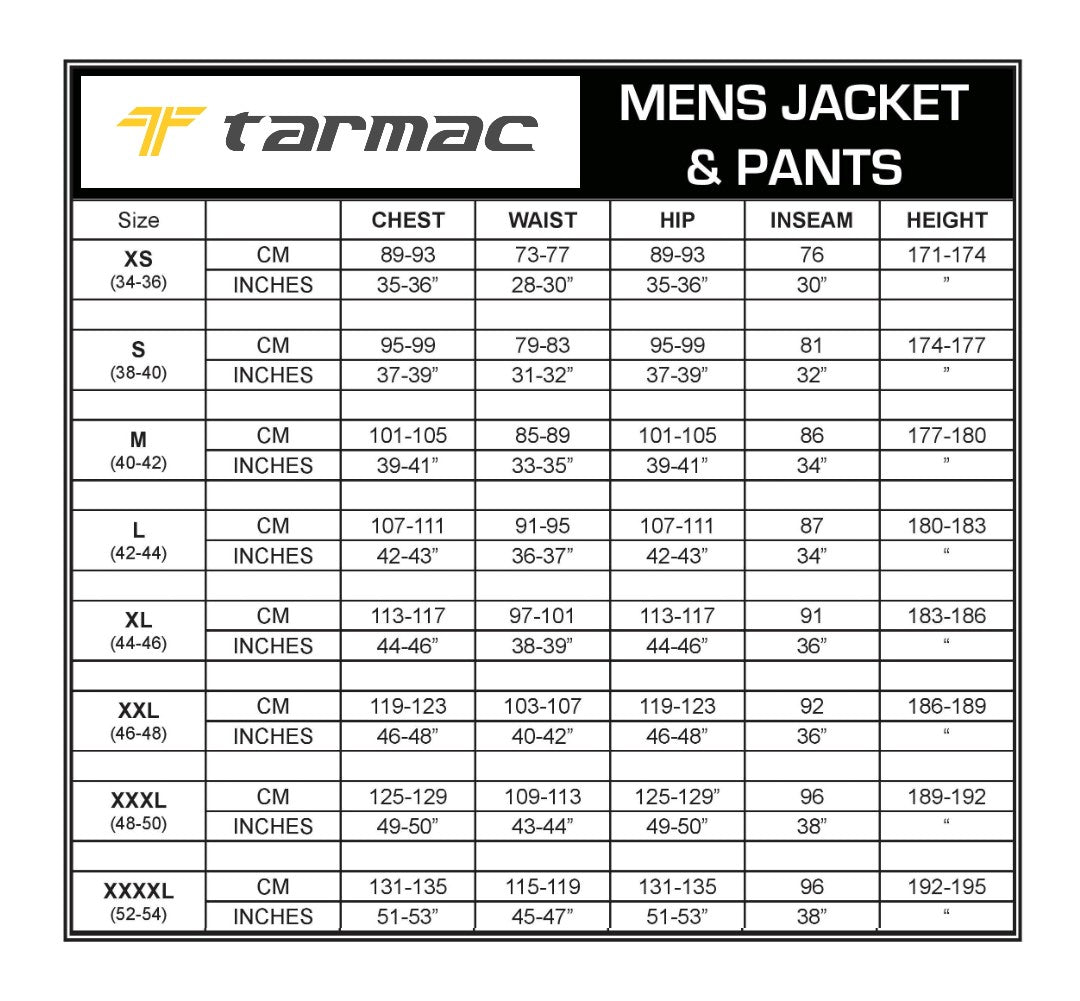 Size Chart for Tarmac Jackets