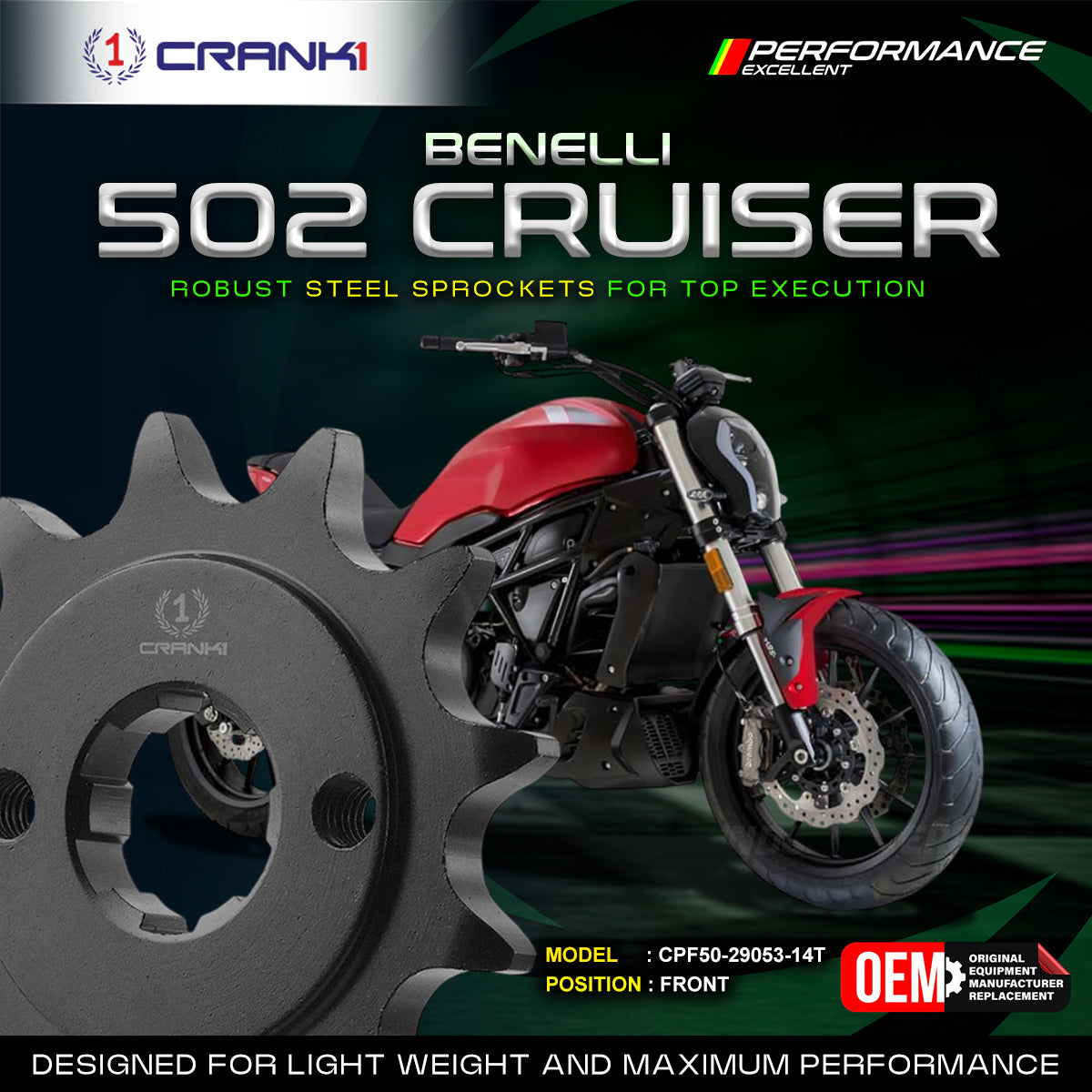 Sprocket For Benelli 502C Cruiser - Front - CPF50-29053-14T - CRANK1