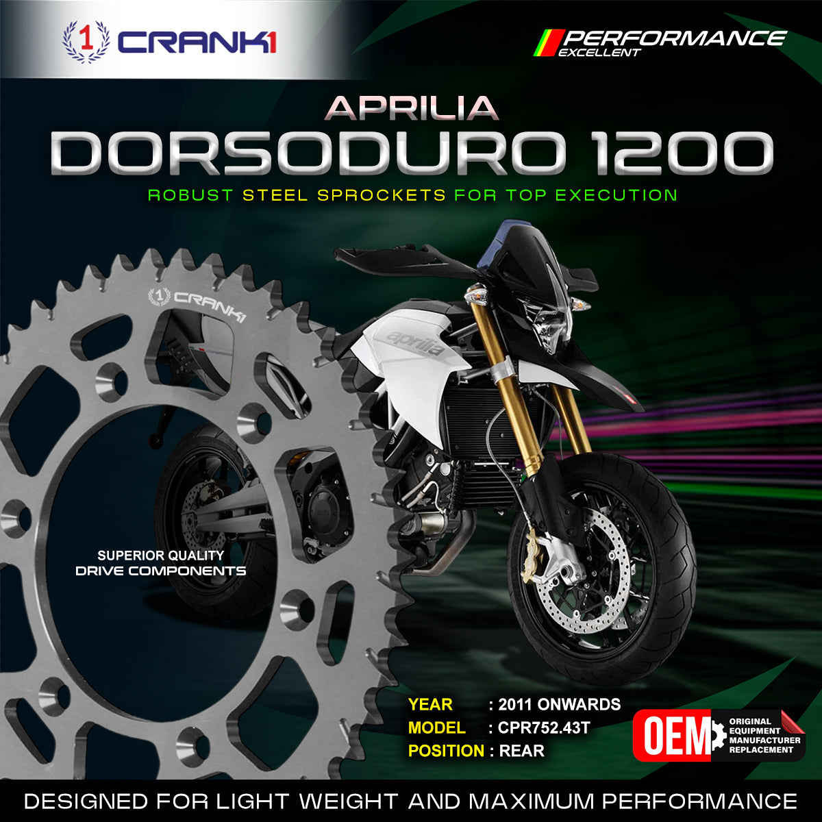 Sprocket For Aprilia Dorsoduro 1200 (2011 Onwards) - Rear - CPR752.43T - Black - CRANK1