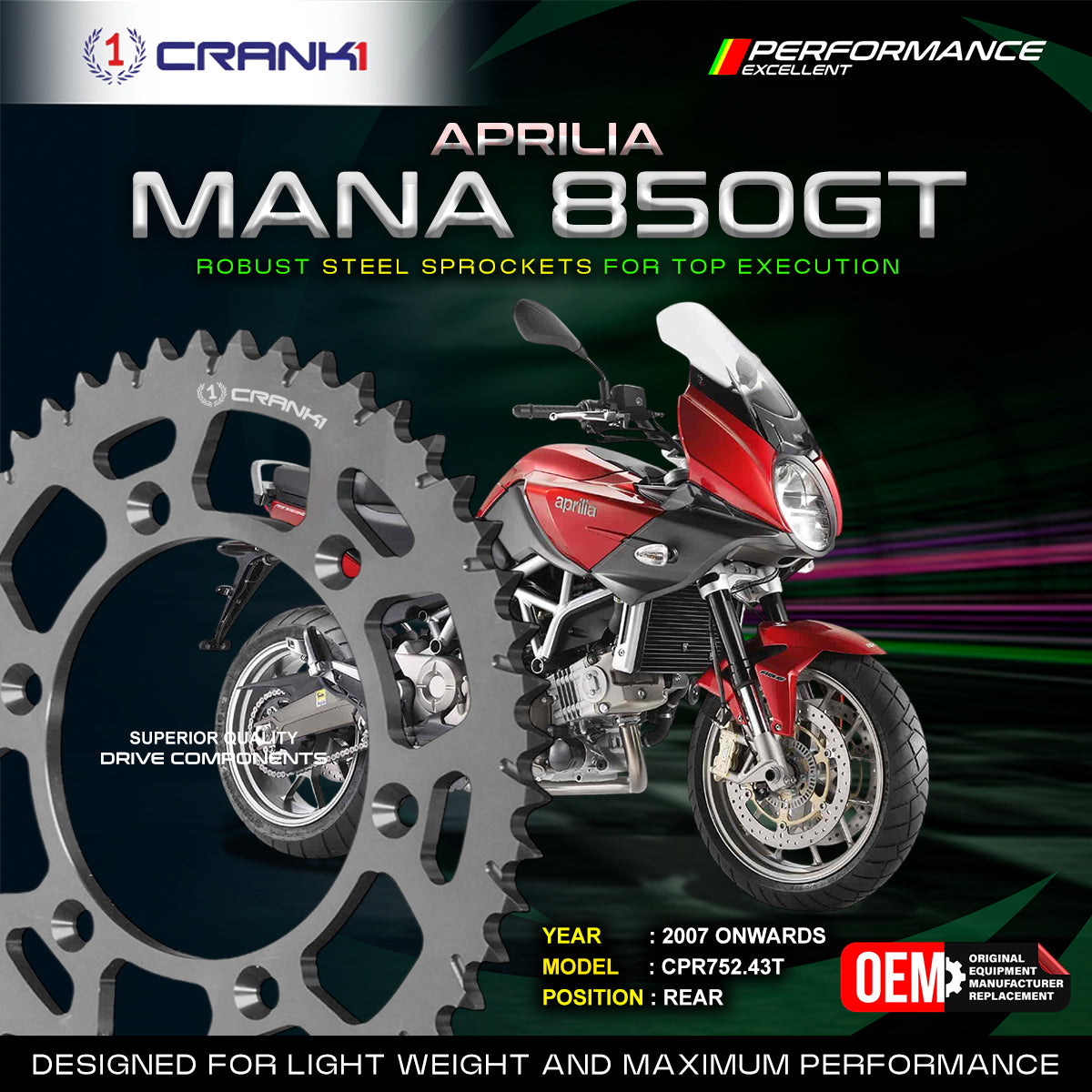 Sprocket For Aprilia Mana 850 GT (2007 Onwards) - Rear - CPR752.43T - Black - CRANK1