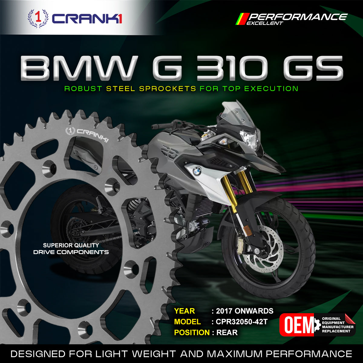 Sprocket For BMW G 310 GS (2017 Onwards) - Rear - CPR32050-42T - Black - CRANK1