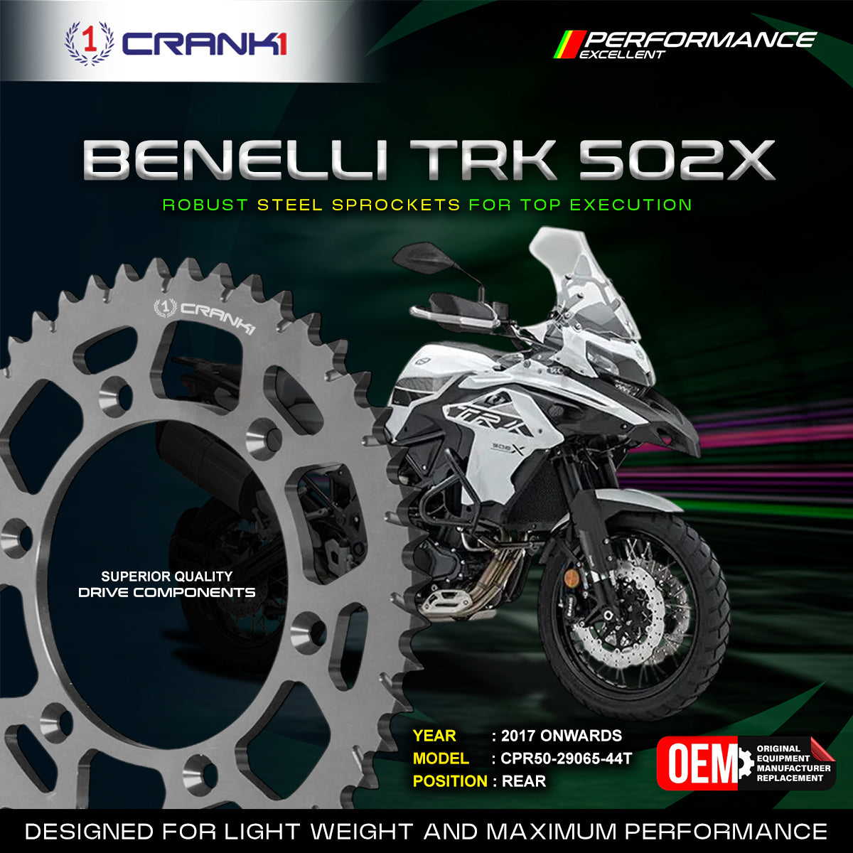 Sprocket For Benelli TRK 502X (2017 Onwards) - Rear - CPR50-29065-44T - CRANK1