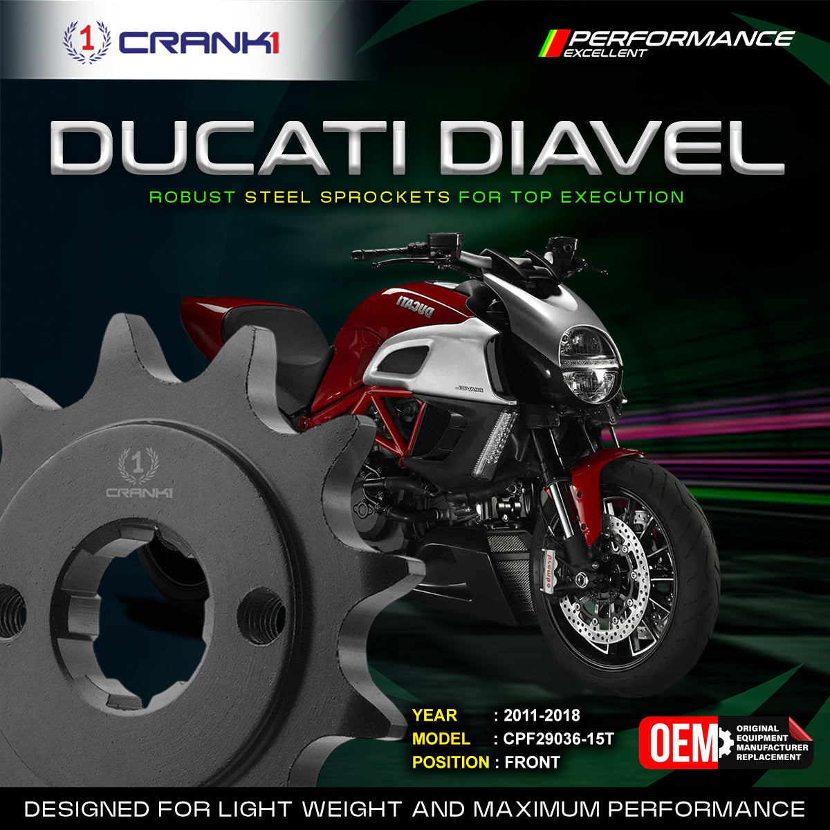 Sprocket For Ducati Diavel (2011-2018) - Front - CPF29036-15T - Black - CRANK1