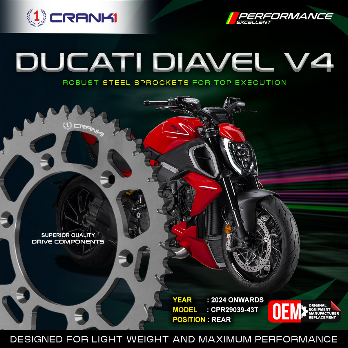 Sprocket For Ducati Diavel V4 (2024 Onwards) - Rear - CPR29039-43T - Black - CRANK1
