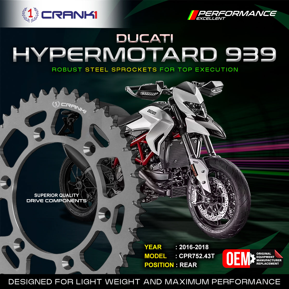 Sprocket For Ducati Hypermotard 939 (2016-2018) - Rear - CPR752.43T - Black - CRANK1