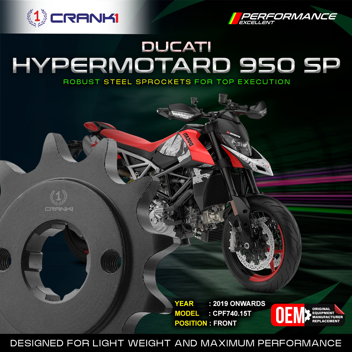 Sprocket For Ducati Hypermotard 950 SP (2019 Onwards) - Front - Black - CPF740.15T - CRANK1