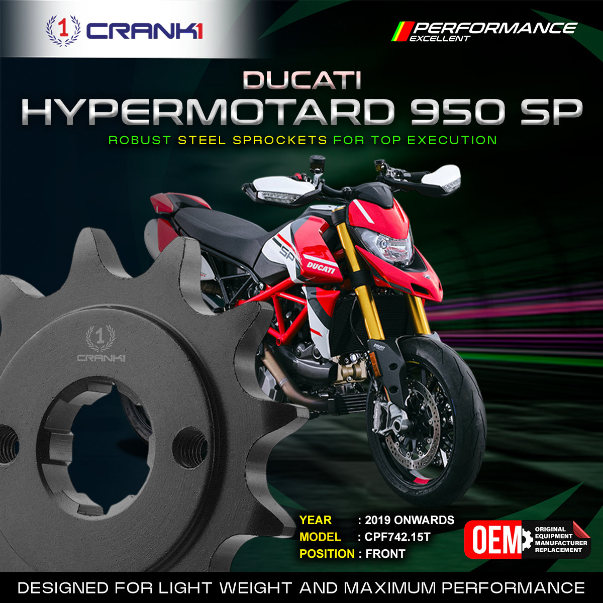 Sprocket For Ducati Hypermotard 950 SP (2019 Onwards) - Front - CPF742.15T  - Black - CRANK1