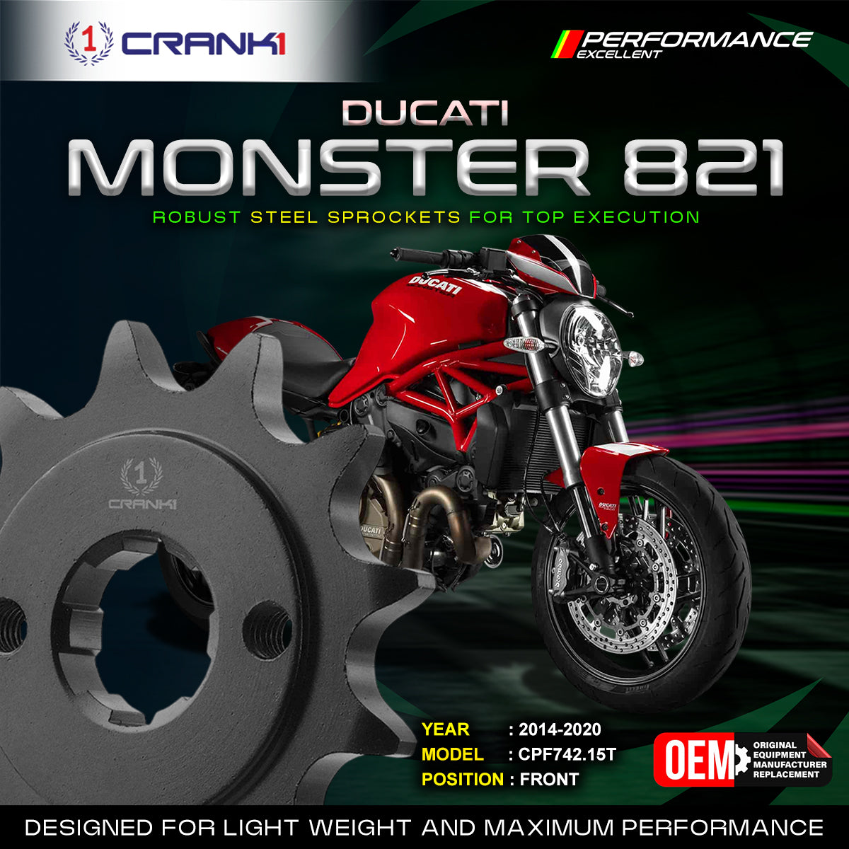 Sprocket For Ducati Monster 821 (2014-2020) - Front - CPF742.15T - Black - CRANK1
