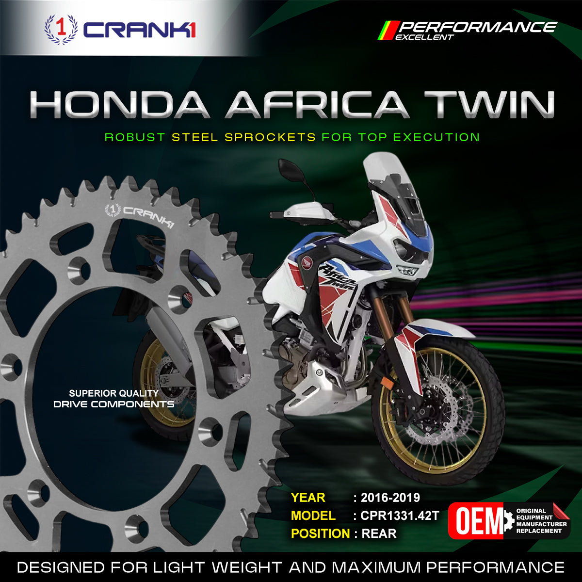 Sprocket For Honda Africa Twin (2016-2019) - Rear - CPR1331.42T - Black - CRANK1