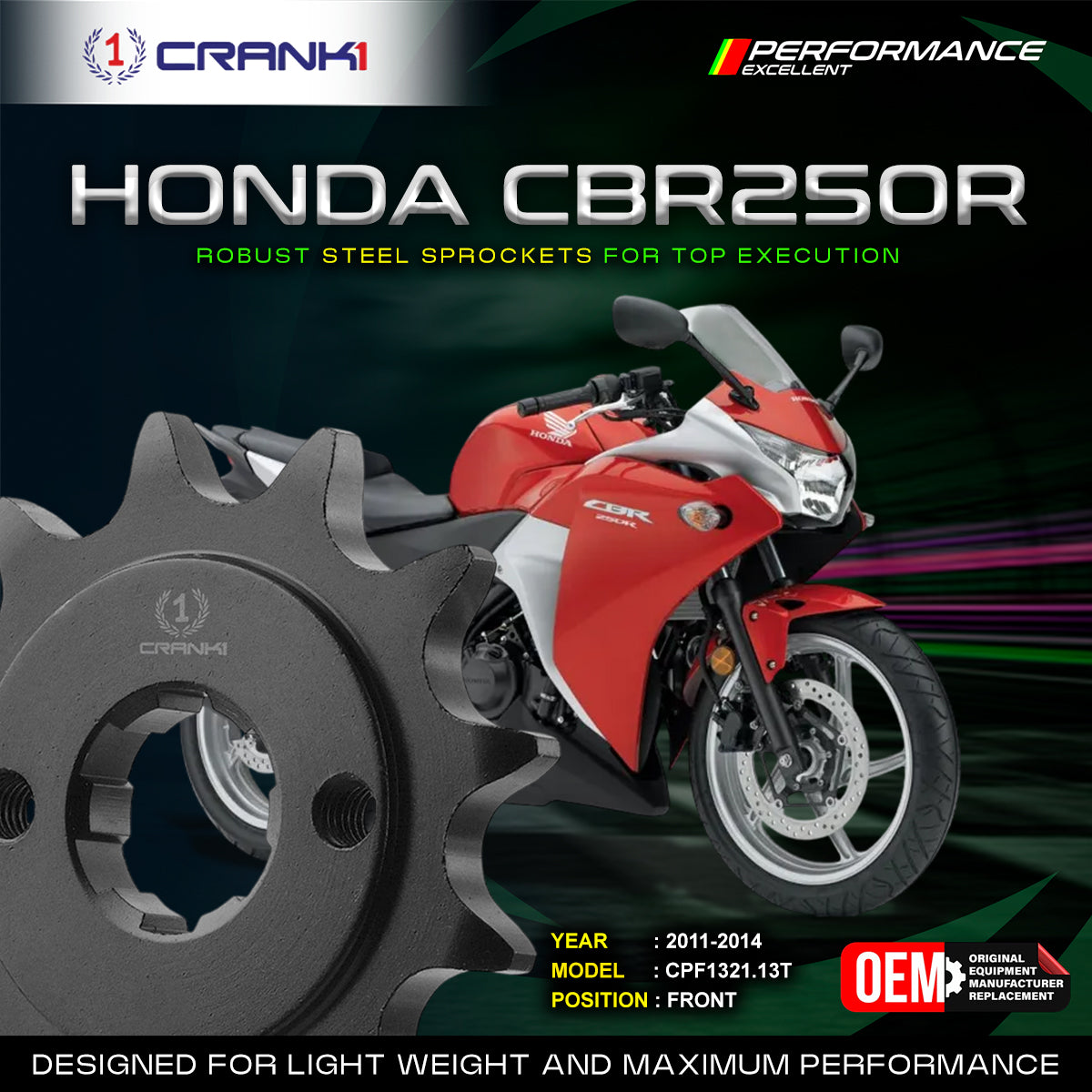 Sprocket For Honda CBR250R (2011-2014) - Front - CPF1321.13T - Black - CRANK1
