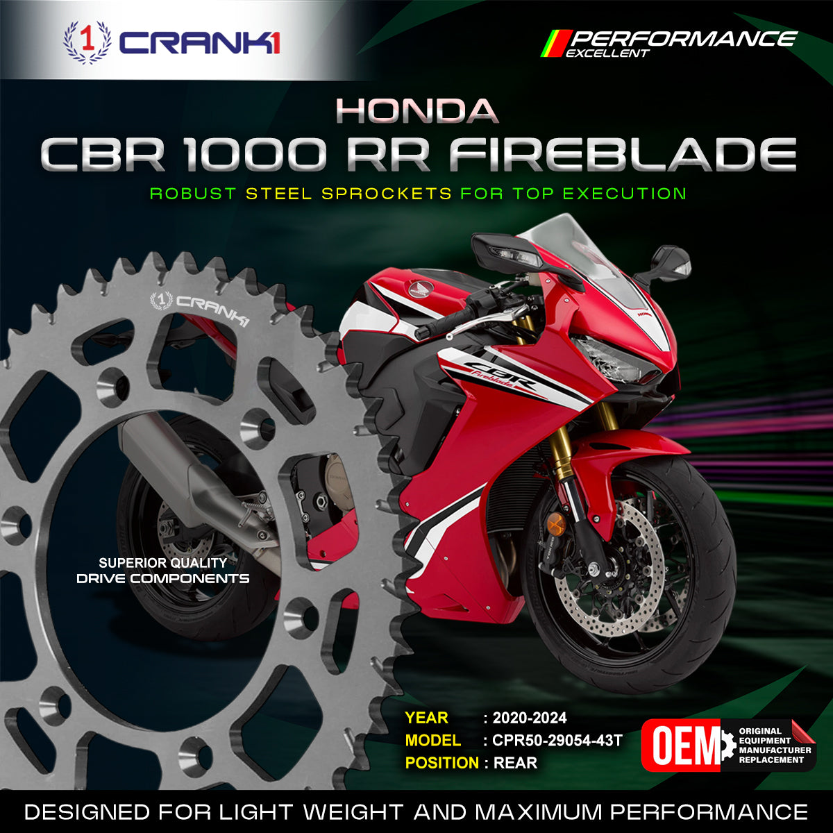 Sprocket For Honda CBR 1000RR Fireblade (2020-2024) - Rear - CPR50-29054-43T - Black - CRANK1