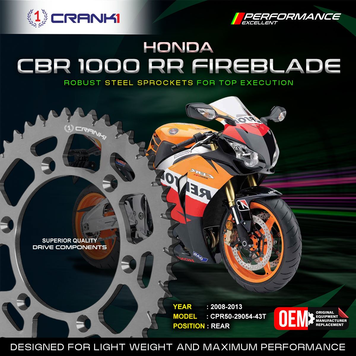 Sprocket For Honda CBR 1000 RR Fireblade (2008-2013) - Rear - CPR50-29054-43T - Black - CRANK1