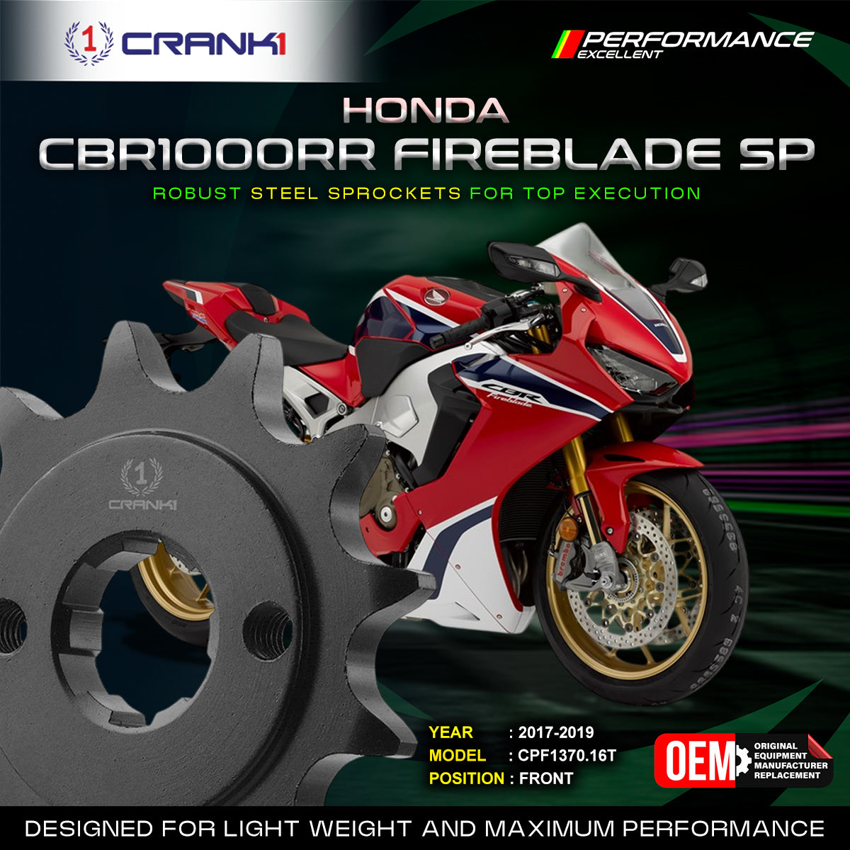 Sprocket For Honda CBR 1000 RR Fireblade SP (2017-2019) - Front - CPF1370.16T - Black - CRANK1