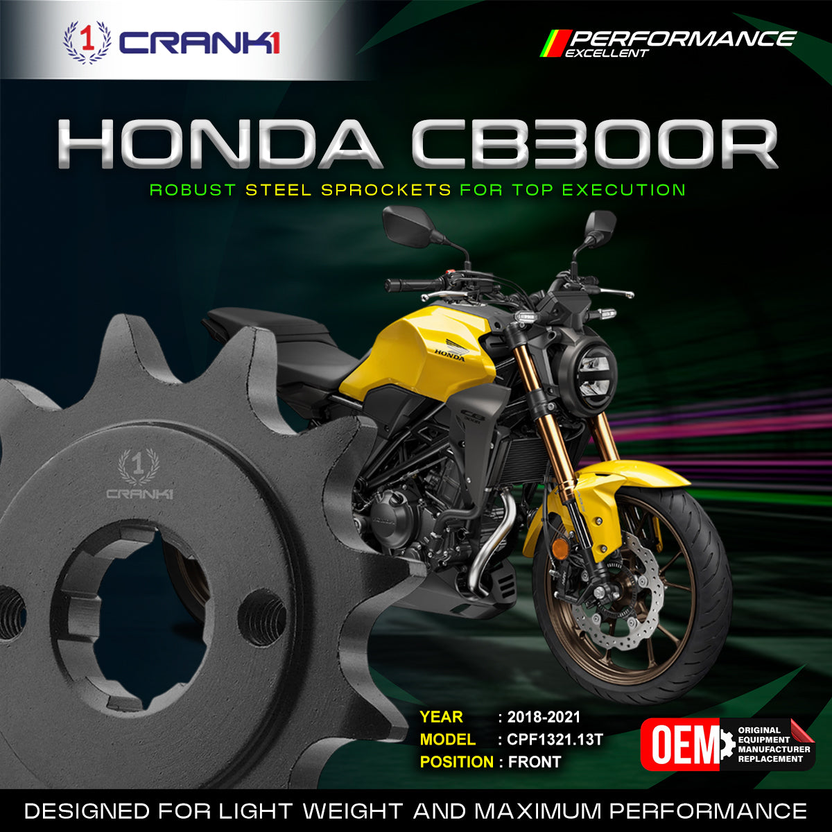 Sprocket For Honda CB 300R (2018-2021) - Front - CPF1321.13T - Black - CRANK1