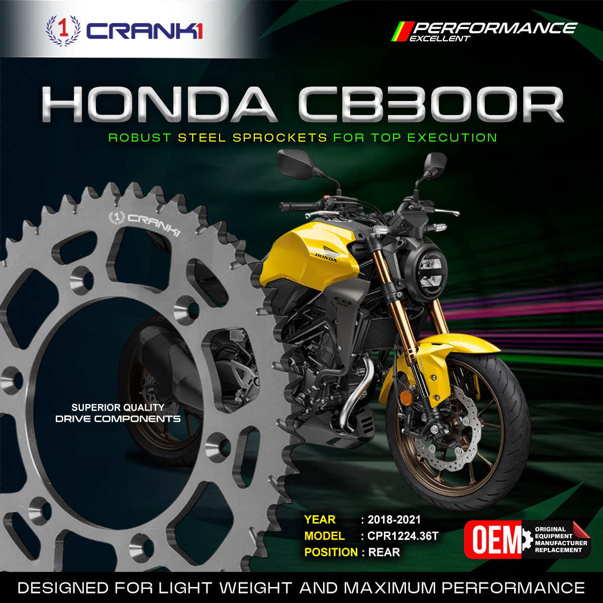 Sprocket For Honda CB 300R (2018-2021) - Rear - CPR1224.36T - Black - CRANK1