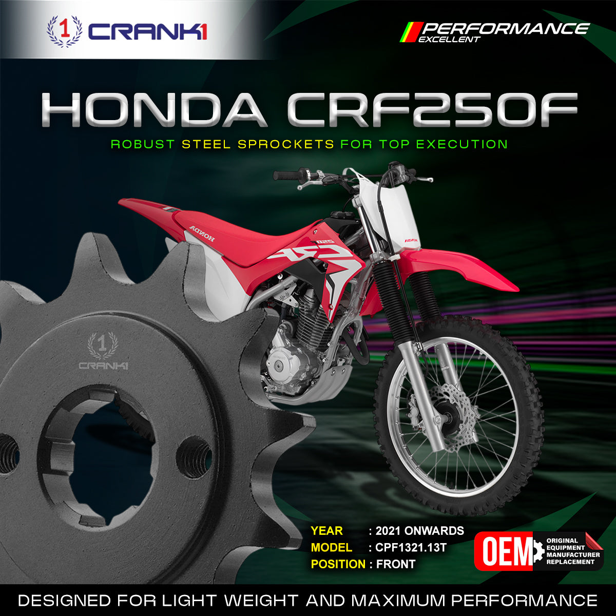 Sprocket For Honda CRF250F (2021 Onwards) - Front - CPF1321.13T - Black - CRANK1