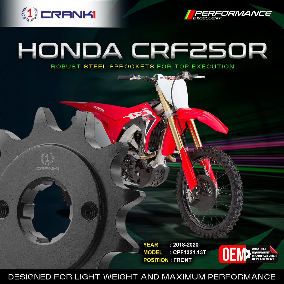 Sprocket For Honda CRF250R (2018-2020) - Front - CPF1321.13T - Black - CRANK1