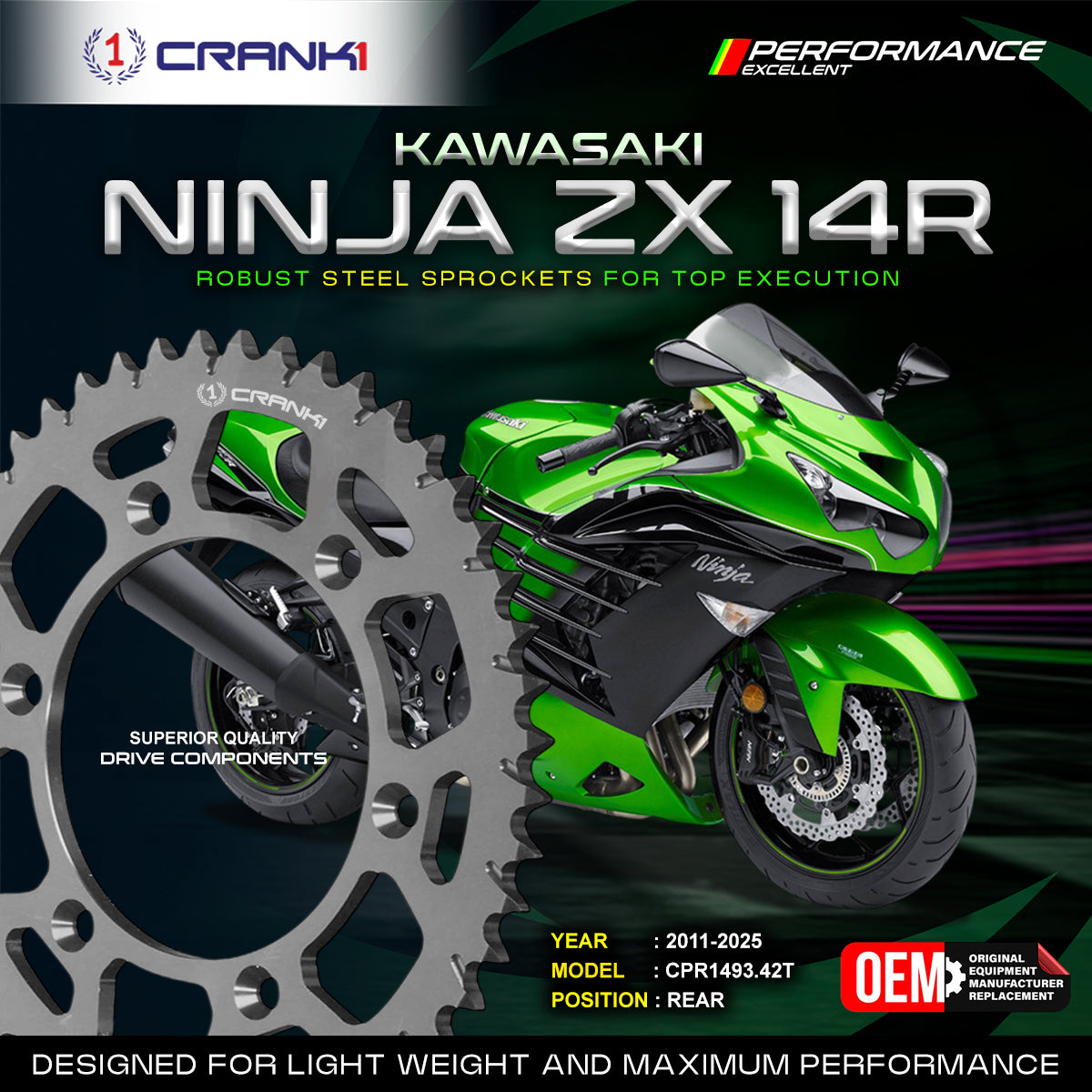 Sprocket For Kawasaki Ninja ZX-14R (2011-2025) - Rear - CPR1493.42T - Black - CRANK1