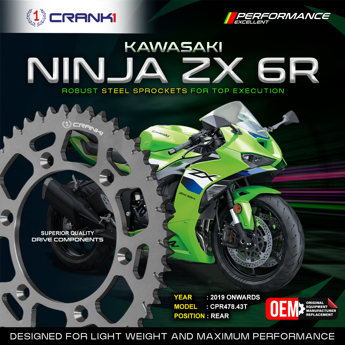 Sprocket For Kawasaki Ninja ZX-6R (2019 Onwards) - Rear - CPR478.43T - CRANK1