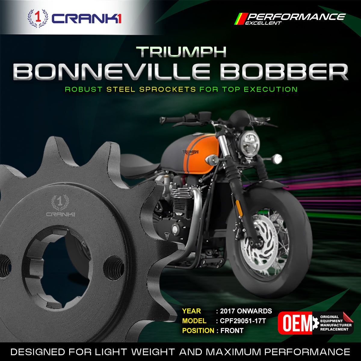 Sprocket For Triumph Bonneville Bobber (2017 Onwards) - Front - CPF29051-17T - Black - CRANK1