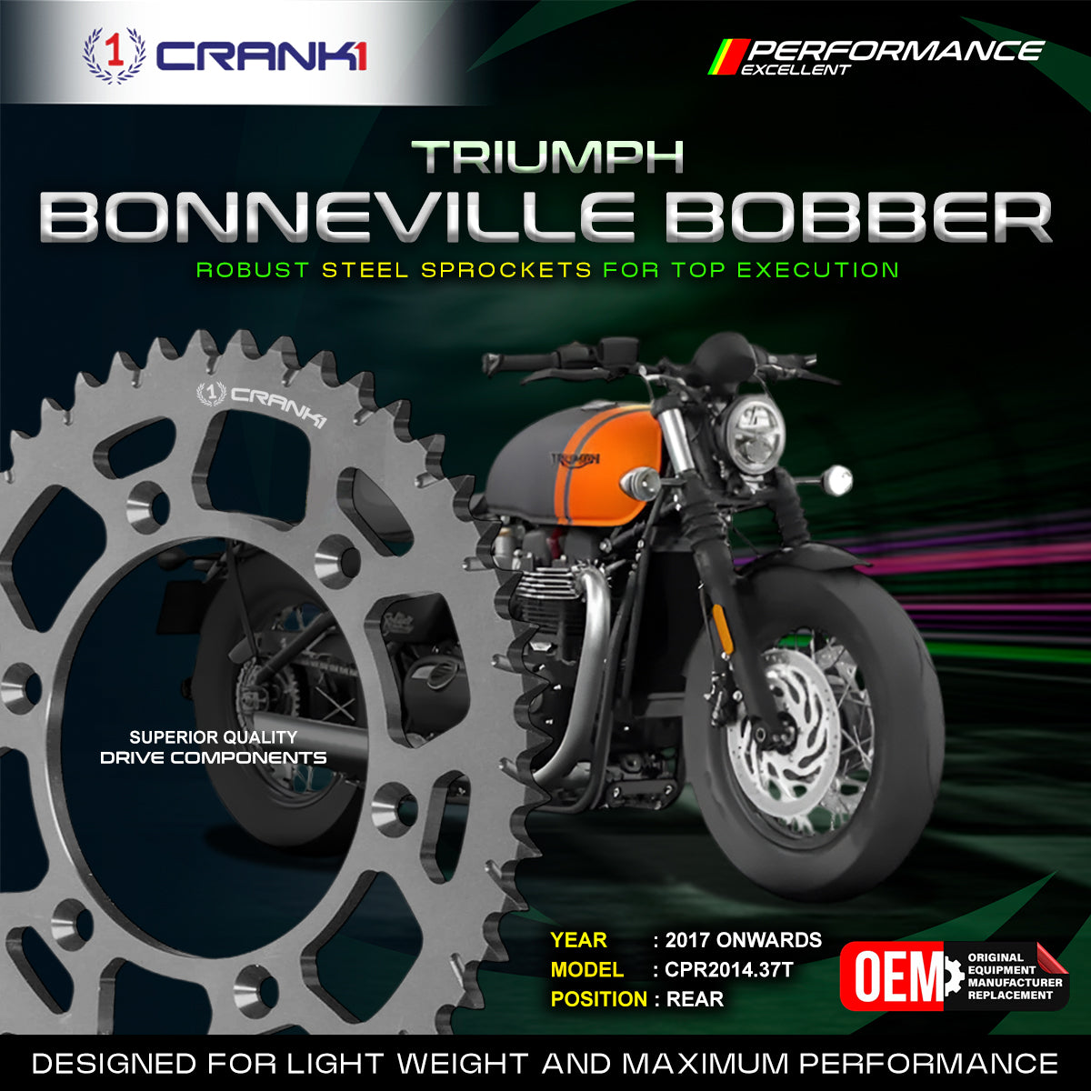 Sprocket For Triumph Bonneville Bobber (2017 Onwards) - Rear - CPR2014.37T - Black - CRANK1