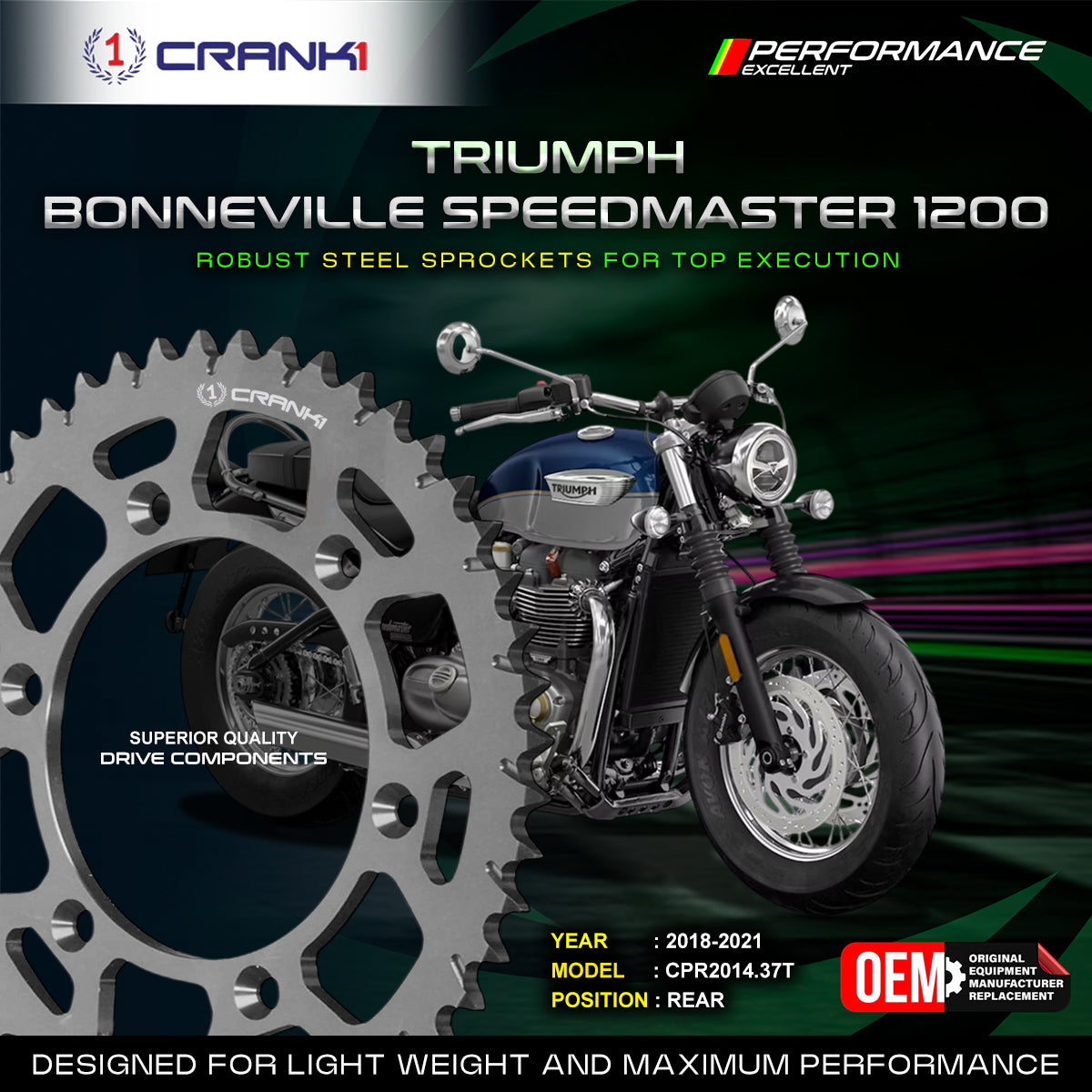 Sprocket For Triumph Bonneville Speedmaster 1200 (2018-2021) - Rear - CPR2014.37T - Black - CRANK1