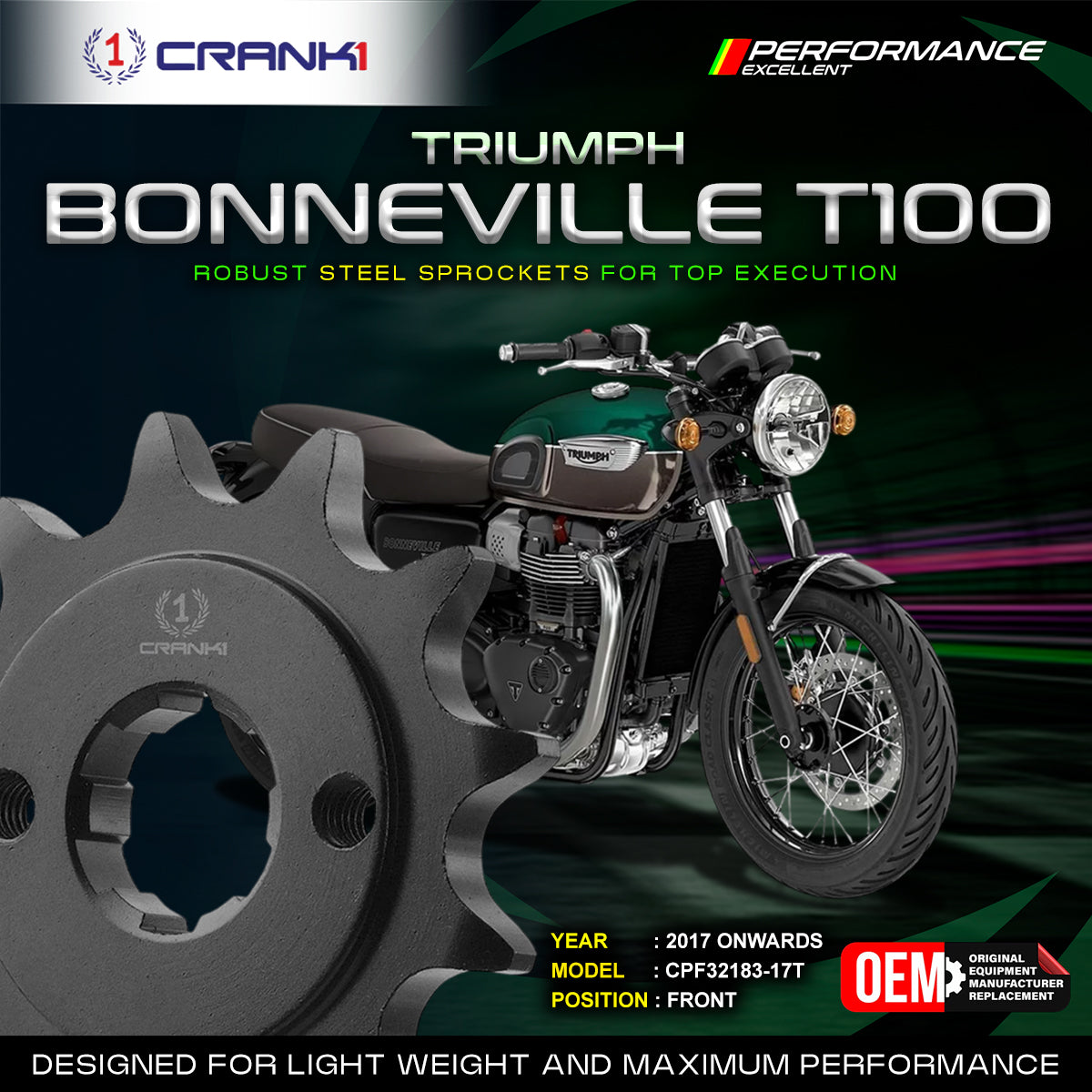 Sprocket For Triumph Bonneville T100 (2017 Onwards) - Front - CPF32183-17T - Black - CRANK1