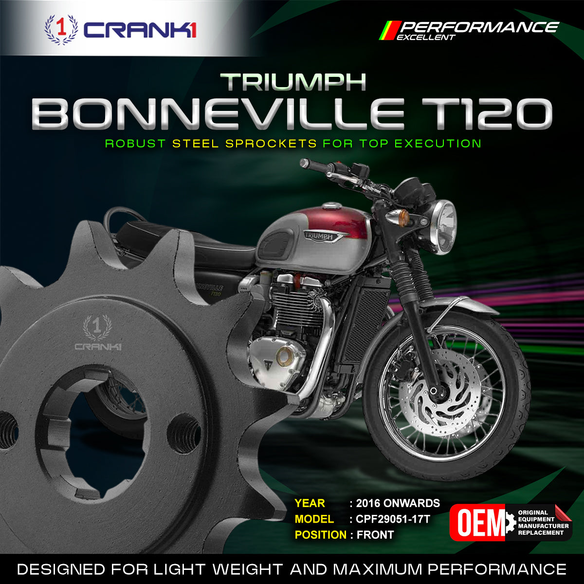 Sprocket For Triumph Bonneville T120 (2016 Onwards) - Front - CPF29051-17T - Black - CRANK1