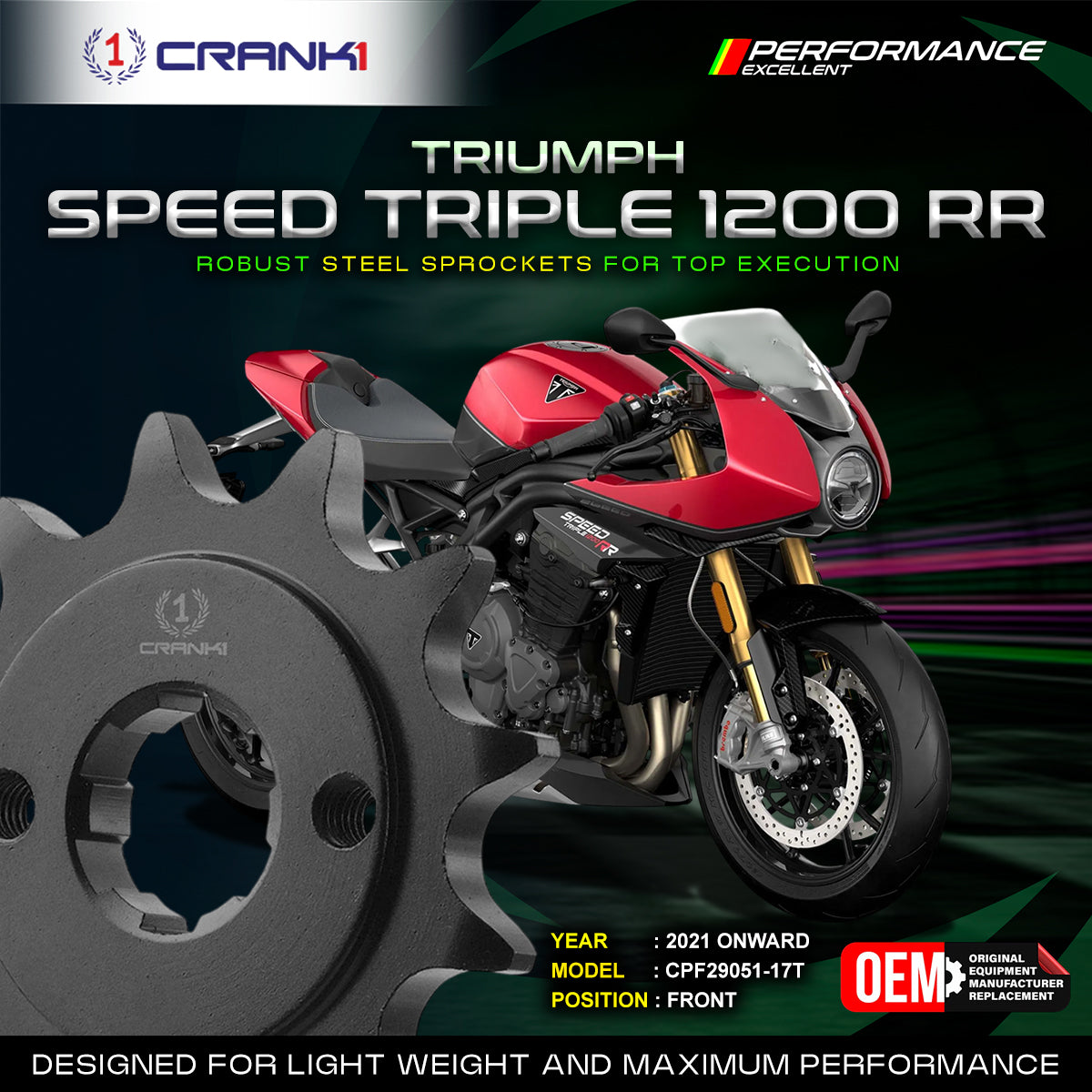 Sprocket For Triumph Speed Triple 1200 RR (2021 Onwards) - Front - CPF29051-17T - Black - CRANK1