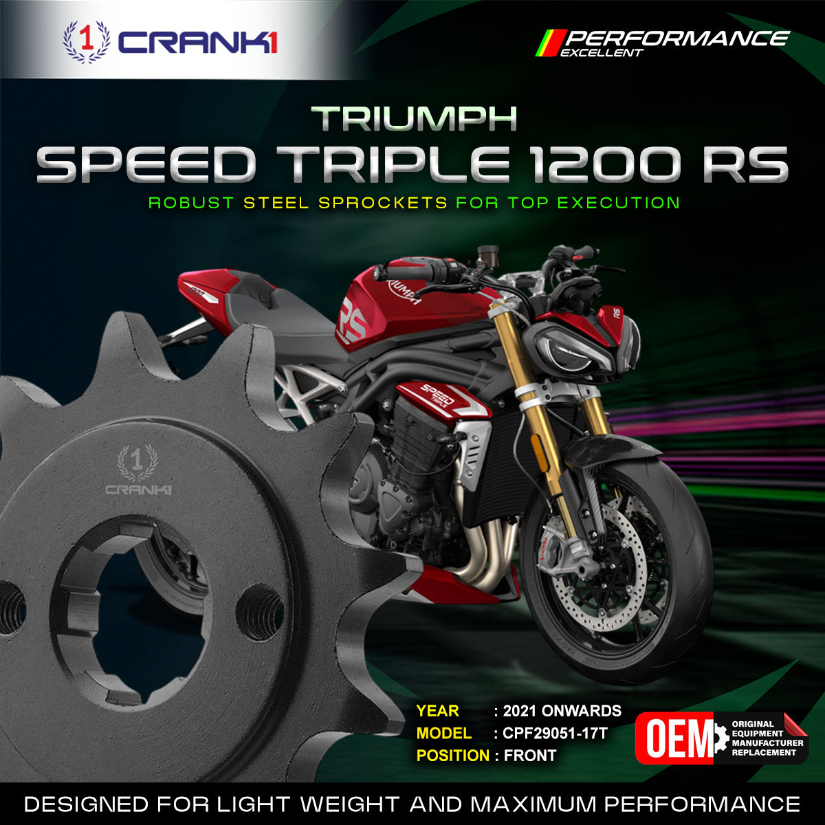 Sprocket For Triumph Speed Triple 1200 RS (2021 Onwards) - Front - CPF29051-17T - Black - CRANK1